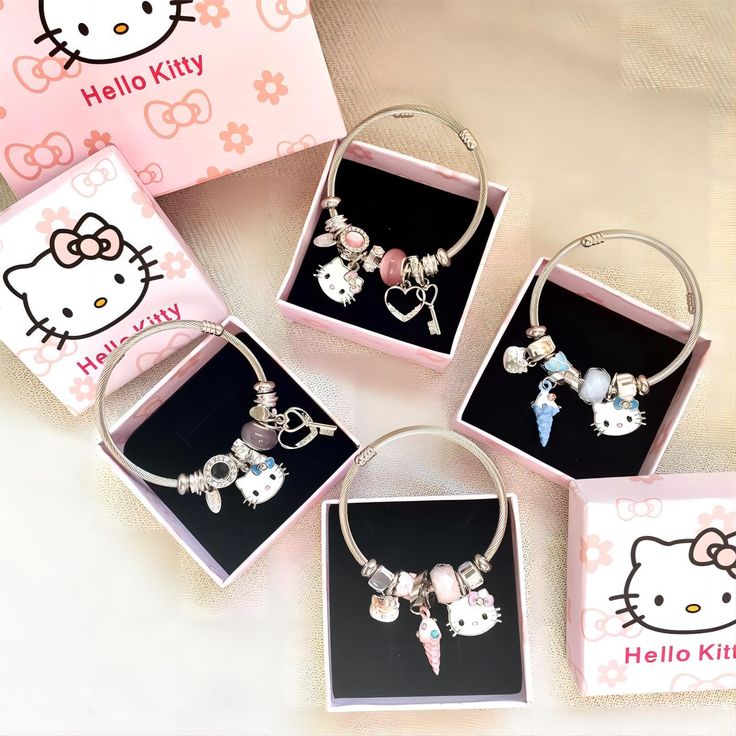 Stainless Steel Kitty Bangle Bracelet This charming stainless steel bangle bracelet features a playful kitty design that is sure to add a touch of cuteness to any outfit. Durable and stylish, it is perfect for cat lovers and makes a great addition to any jewelry collection. Hello Kitty Pandora Bracelet, Hello Kitty Gift Ideas, Hello Kitty Bracelet, Blue Ice Cream, Pink Key, Onegai My Melody, Key Heart, Hello Kitt, Pink Ice Cream