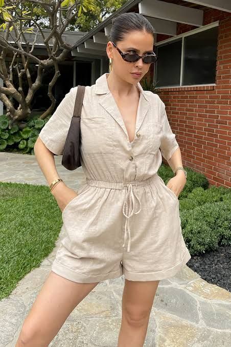 Beige Playsuit Outfit, Linen Playsuit Outfit, Linen Romper Outfit, English Wears, Playsuit Outfit, Neutral Glam, Playsuits Outfit, Mini Romper, Linen Outfit