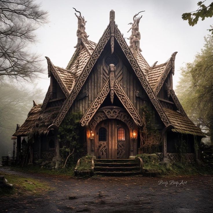 a house that is made out of wood and has an elaborate roof with two dragon heads on it