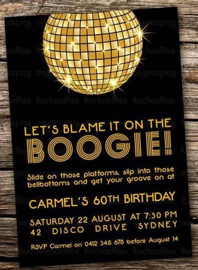 a black and gold disco ball birthday party card with the words, let's blame it on the boogie