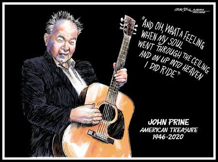 a caricature drawing of john prine holding an acoustic guitar with the words, and