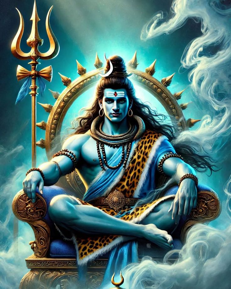 the hindu god sitting on top of a throne with his arms crossed in front of him