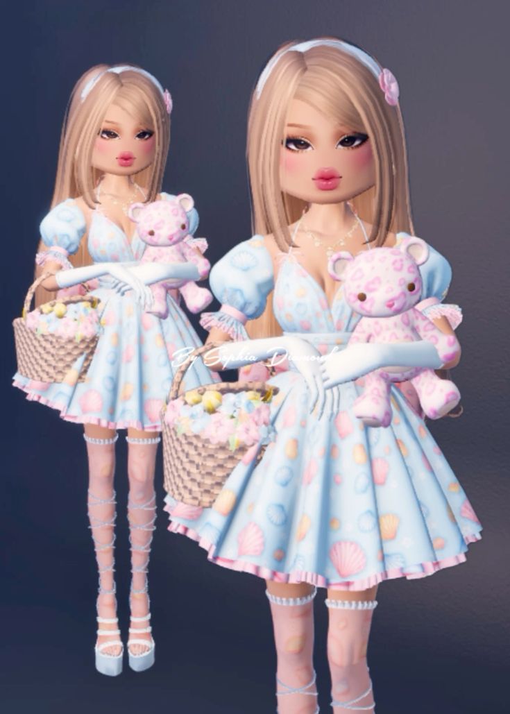 two dolls are dressed in blue and pink outfits with teddy bears on their arms, one is holding a basket