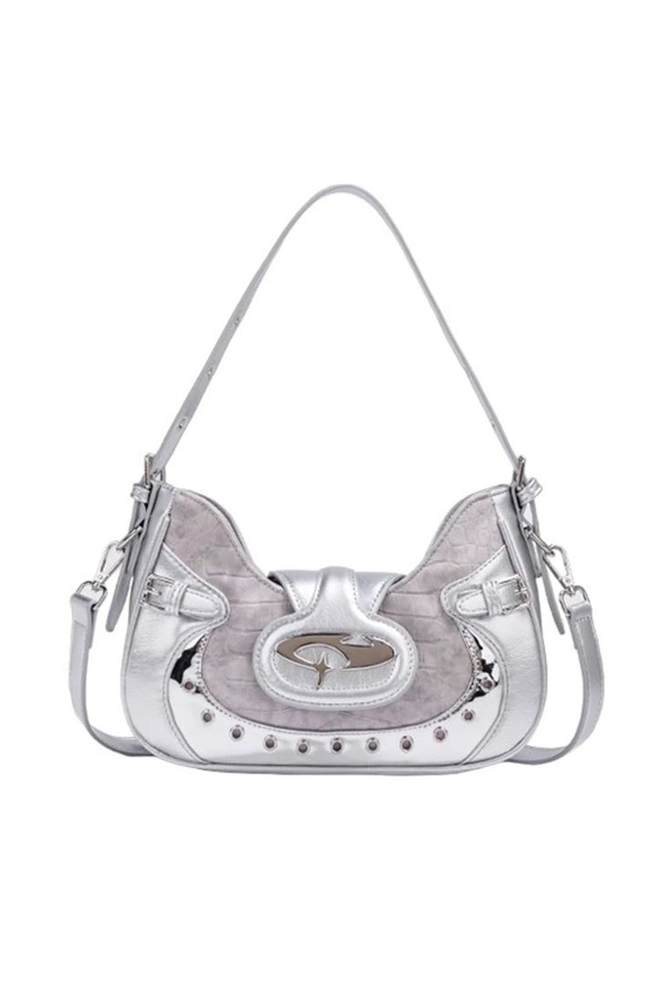 y2k silver shoulder bag, futuristic bag, baguette bag, cute bags, silver mini bags, 2000s fashion Silver Crossbody Baguette Bag For Evening, Modern Metallic Silver Shoulder Bag With Silver-tone Hardware, Silver Crossbody Satchel, Trendy Silver Satchel For Travel, Silver Satchel With Adjustable Strap For Travel, Silver Travel Satchel With Adjustable Strap, Trendy Metallic Bags With Silver-tone Hardware, Silver Rectangular Baguette Bag With Detachable Strap, Silver Satchel Shoulder Bag With Metal Hardware