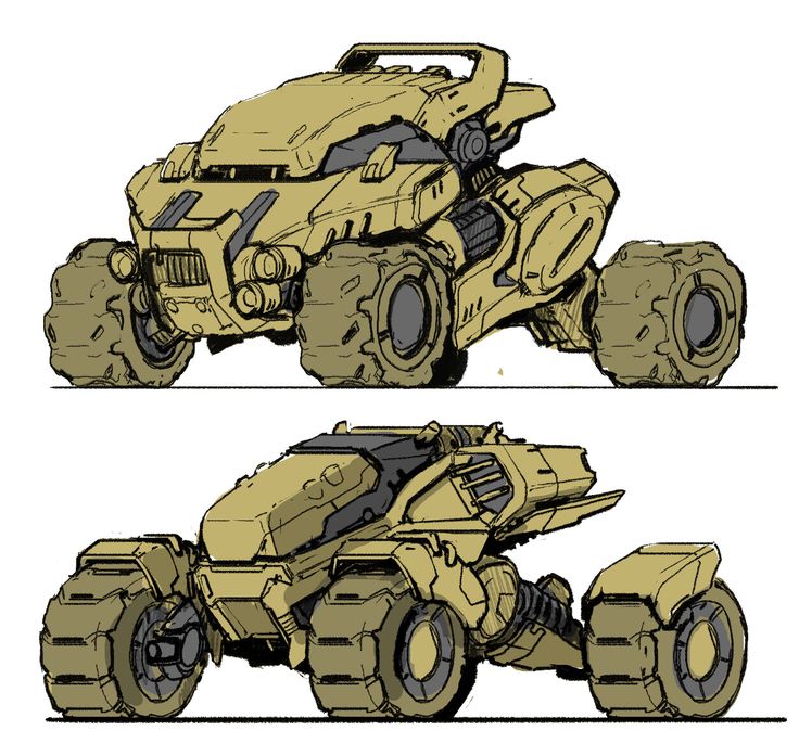 two drawings of an armored vehicle with wheels and large tires, one is yellow and the other is black