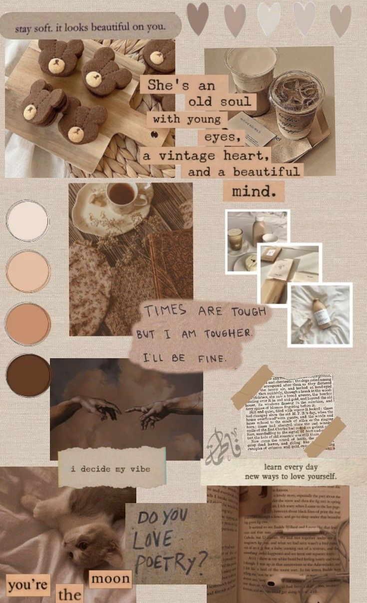 a collage of photos with words and pictures on it, including coffee cups, hearts,