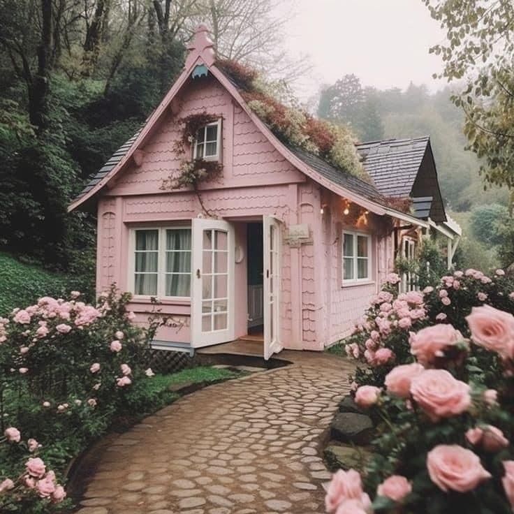 a small pink house in the middle of flowers and greenery with lights on it's roof