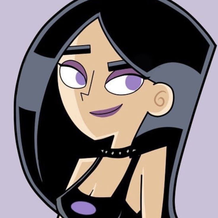 an animated woman with black hair and purple eyes