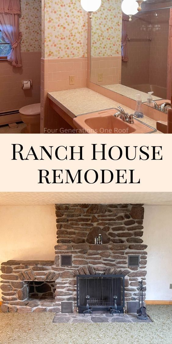 1950s ranch pink bathroom and old stone fireplace Interior Ranch House Remodel, 1964 House Remodel, Brick Rancher Interior Remodel, Ranch Style Home Makeover Before After, Remodeling 1950s House, Remodel 1950s House Ranch Homes, Ranch Home Updates, How To Make A Ranch Look Like A Cottage, Remodeling 1960s Home Ranch Style