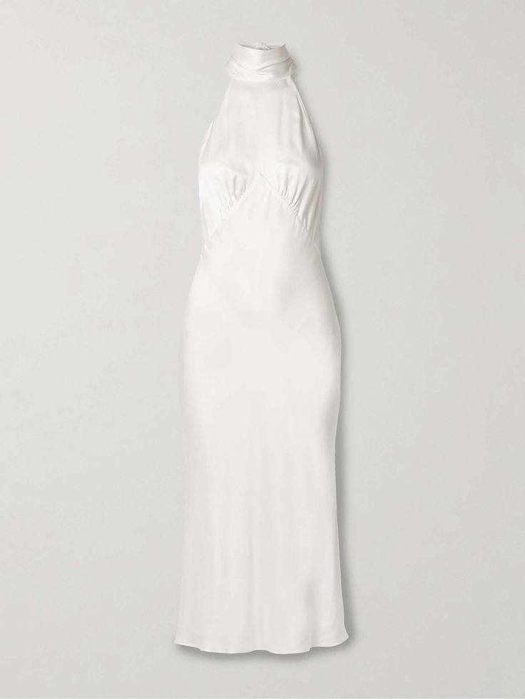 OLIVIA VON HALLE Greta silk-charmeuse halterneck midi dress Elegant White Dinner Gown, Elegant White Gown For Dinner, Chic Cream Evening Dress For Wedding, White Satin Midi Dress For Formal Occasions, White Satin Formal Midi Dress, White Luxury Silk Midi Dress, Formal White Satin Midi Dress, Fitted Midi Dress For Wedding Night, Chic Cream Wedding Evening Dress