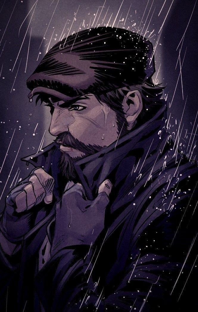 a drawing of a man with a beard in the rain holding his hand up to his mouth