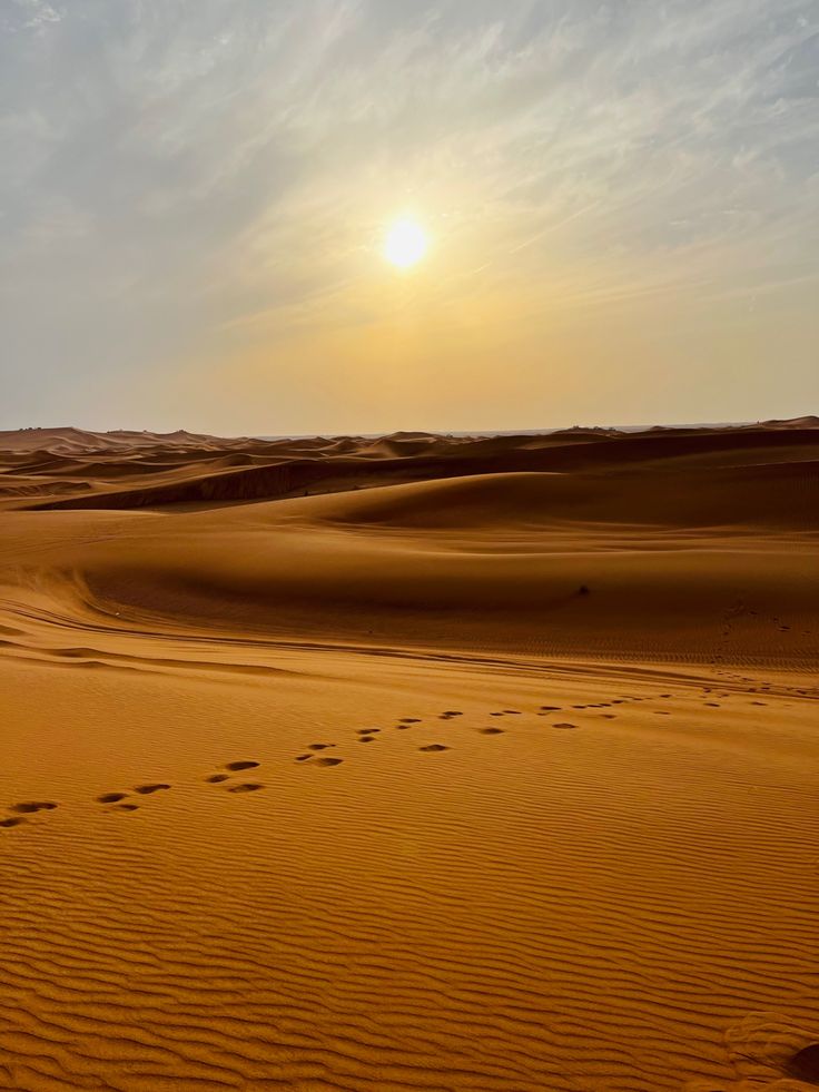 footprints in the sand as the sun goes down over the desert area with blue sky