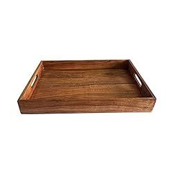 a wooden tray with handles is shown on a white background