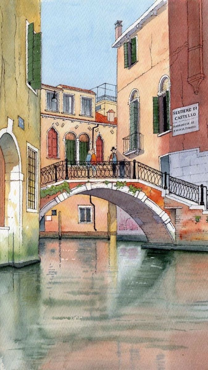 a watercolor painting of a bridge over a canal with buildings and people on it