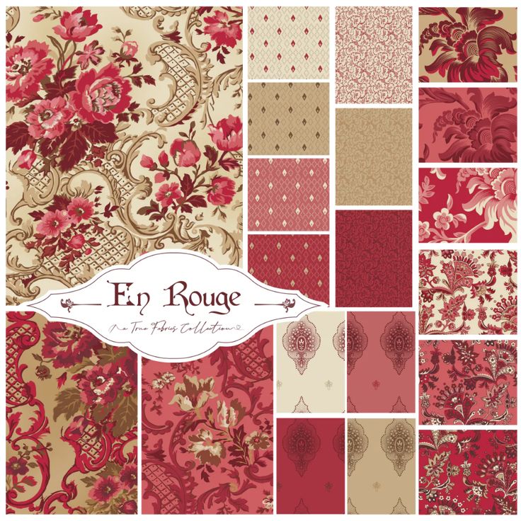 an assortment of red and beige floral fabric designs with the words en bouge