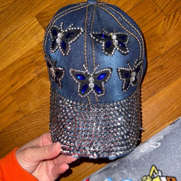 Originally Bought From A Boutique In Ny; Never Wore It; Brand New Size: 27 (Does Come With Strap On The Back; 4th Picture) (Branded For Exposure) #Y2k #Streetwear Bedazzled Hat, Diy Bling, Fancy Hats, Ball Caps, Y2k Streetwear, Ball Cap, Blue And Silver, Casual Tops, Caps Hats