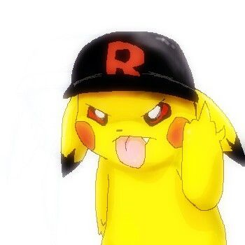 the pikachu is wearing a baseball cap and holding his hand up to his ear