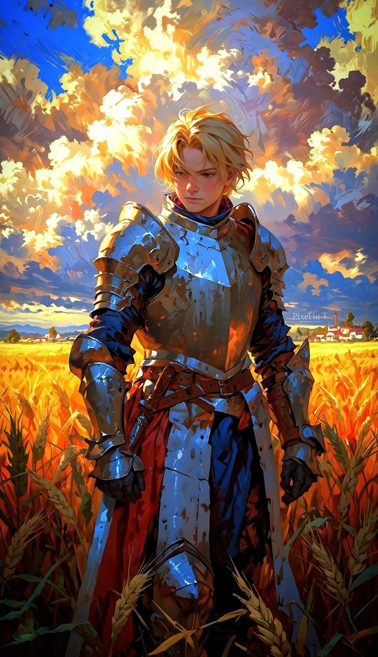 a painting of a woman in armor standing in a field with clouds above her and the sun behind her