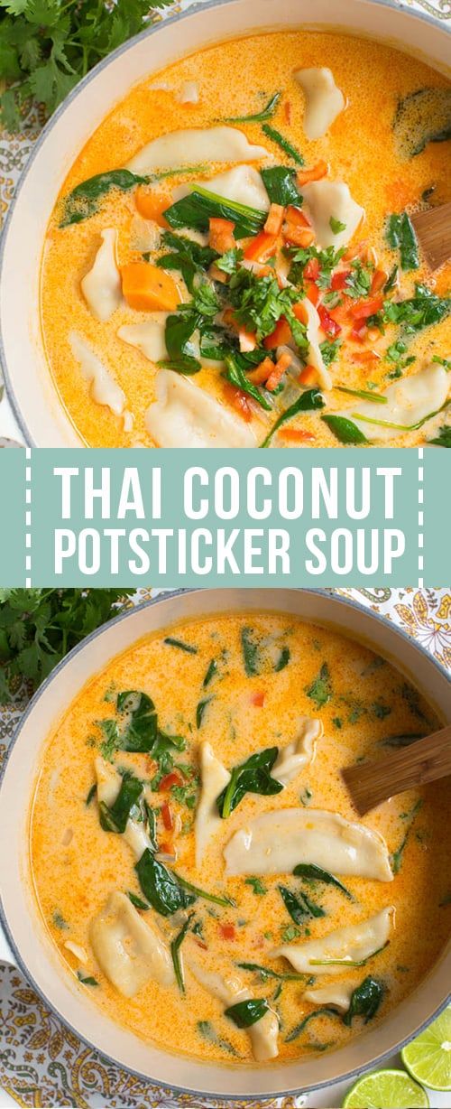 thai coconut soup with tortilla shells and spinach leaves in a white bowl