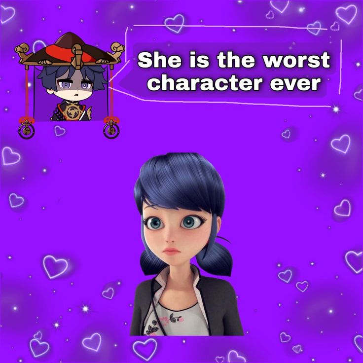 an animated character with blue hair, wearing a black jacket and white shirt is shown in front of a purple background