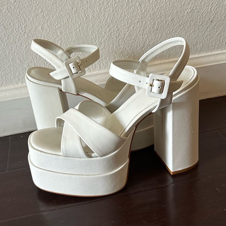 Never Worn, Like New Platform Off-White Ivory Block Heels By Aldo White Chunky Platform Open Toe Sandals, White Open Toe Chunky Platform Sandals, Elegant White Sandals With Buckle Closure, Chic White Chunky Platform Sandals, White Sandals With Heel Strap For Summer, White Closed Toe Sandals For Spring, White Leather Heels With Buckle Closure, White High Heel Synthetic Sandals, White Chunky Platform Heels With Ankle Strap