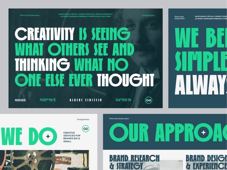 four different posters with the words creativity is seeing what others see and thinking what no one else ever thought