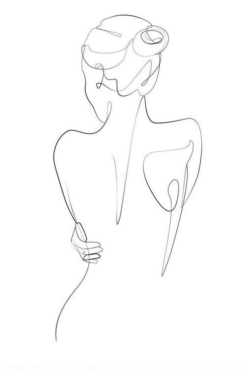 a line drawing of a woman's back with her hands on her hips and one arm