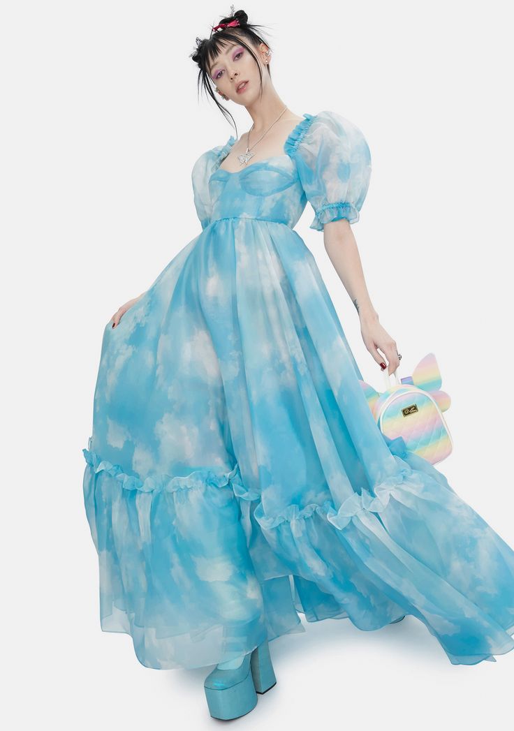 Puff Sleeve Maxi Dress With Ruffled Fitted Bodice, Sea Dress, Doll Halloween Costume, Ribbed Maxi Dress, Creative Sewing, Cloud Print, Ruched Maxi Dress, Stylish Short Dresses, Head In The Clouds