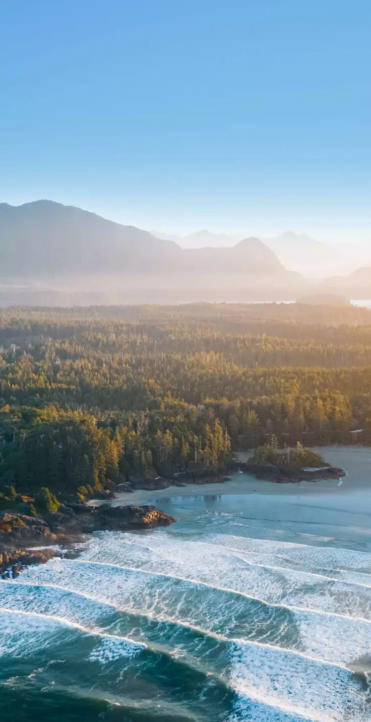 an aerial view of the ocean with mountains in the distance and trees on both sides