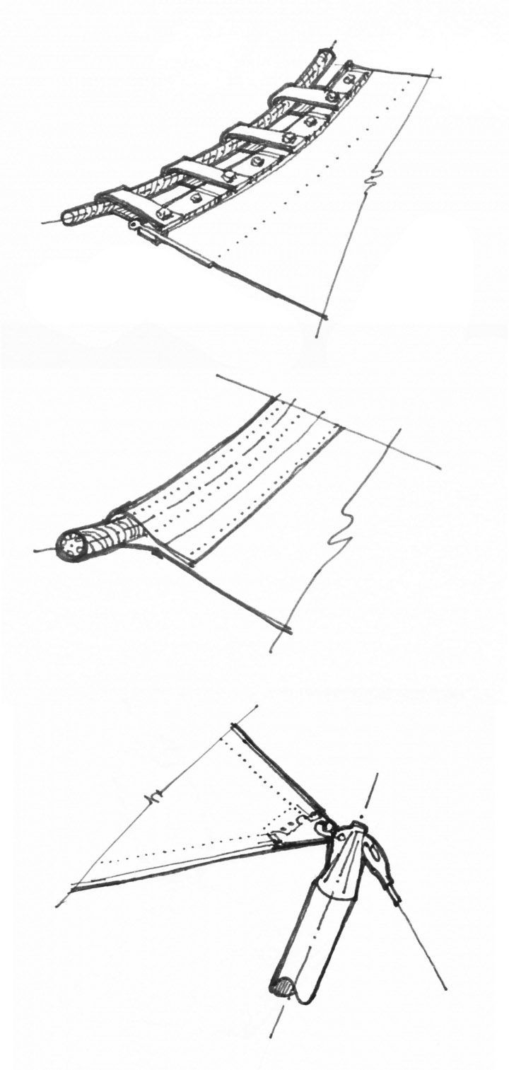 three views of an airplane's wing and the top section