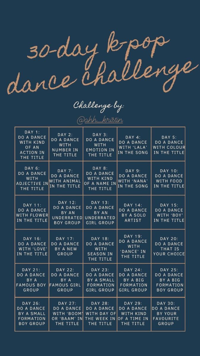 the 30 - day kpop dance challenge is shown in gold lettering on a dark blue background