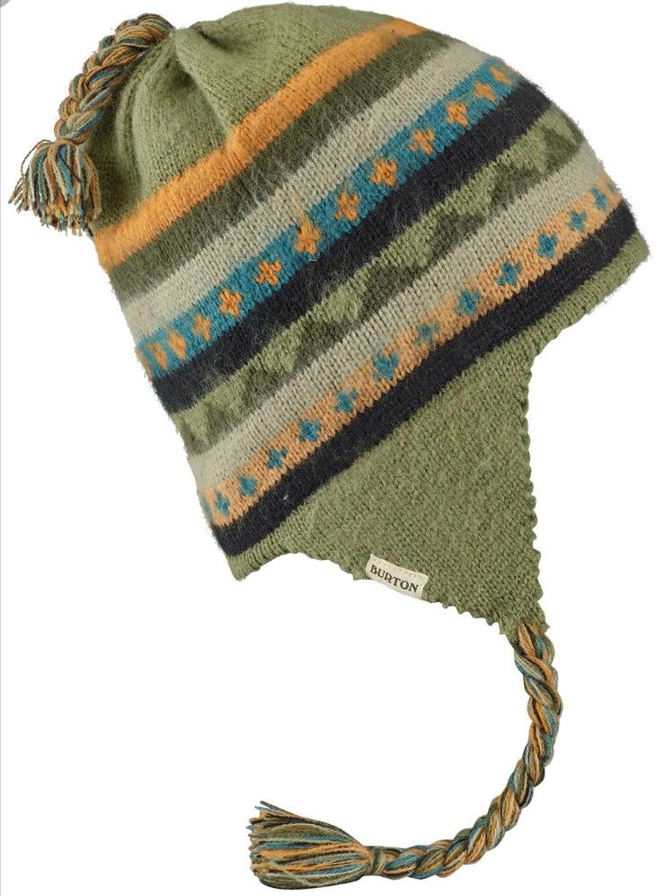 a green hat with an orange and blue stripe