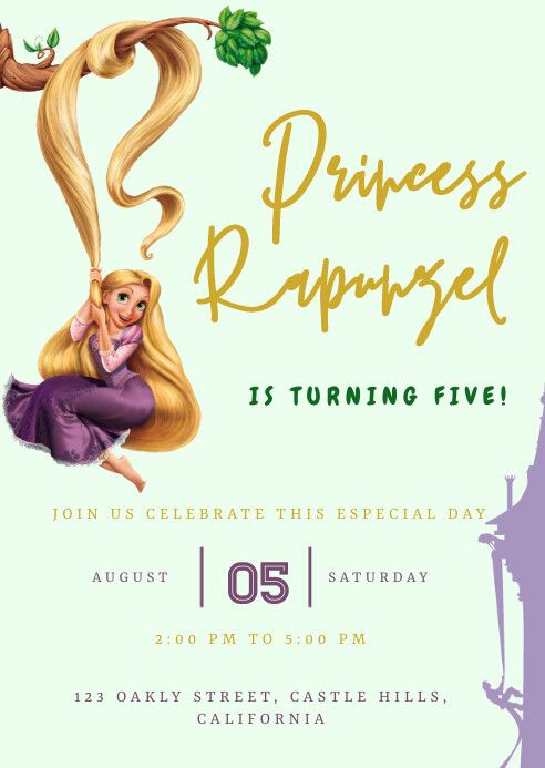 a birthday party flyer with a princess rappoise on it