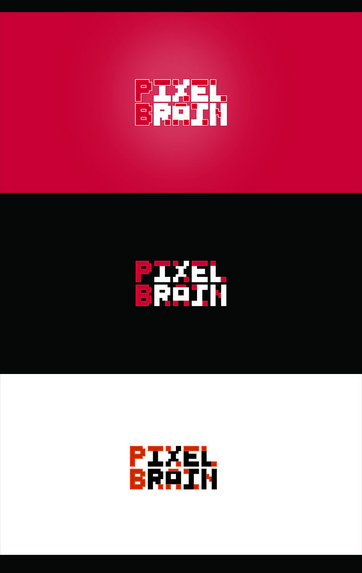 the logo for pixel brain is shown in three different colors and font styles, including red, black, and white