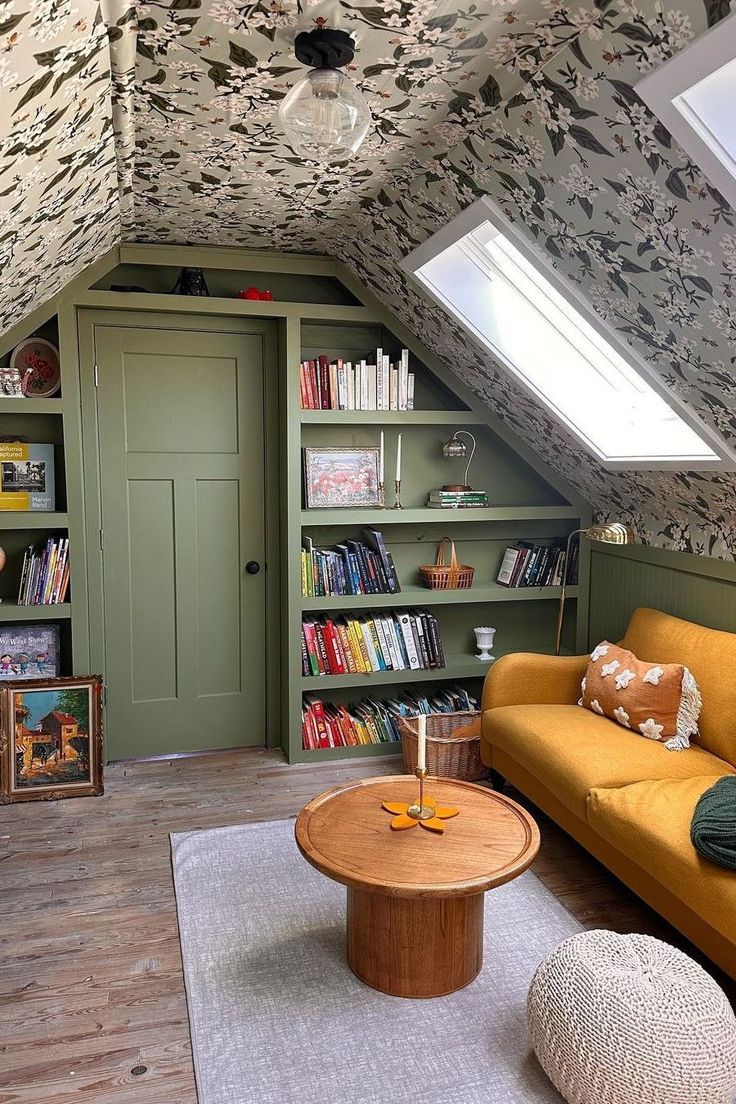 a living room filled with furniture and bookshelves next to a window on top of a slanted ceiling