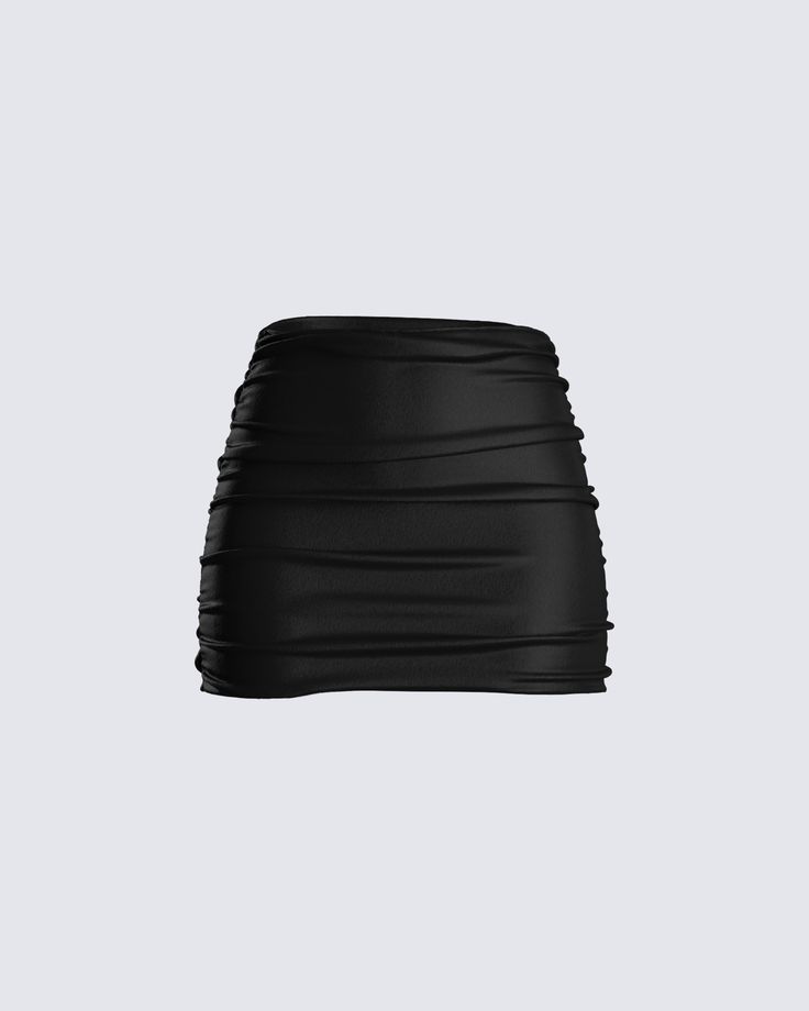 Narda Black Satin Mini Skirt Black Slick Skirt, Trendy Ruched Mini Skirt For Night Out, Ruched Mini Skirt For Evening, Black Ruched Skirt For Party, Party Skort With Ruched Stretch, Ruched Mini Skirt For Night Out, Party Skort With Ruched Stretch Design, Black Ruched Stretch Skirt, Mini Skirt With Ruched Sides For Night Out