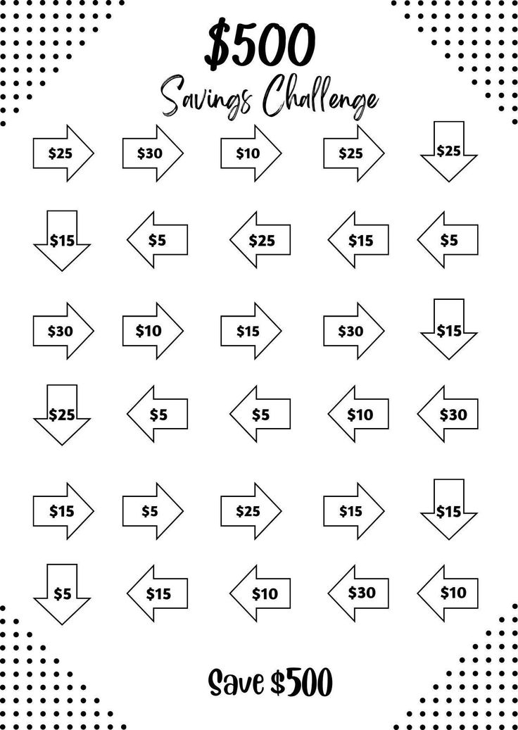 the $ 500 savings challenge is shown in black and white with arrows pointing to each other