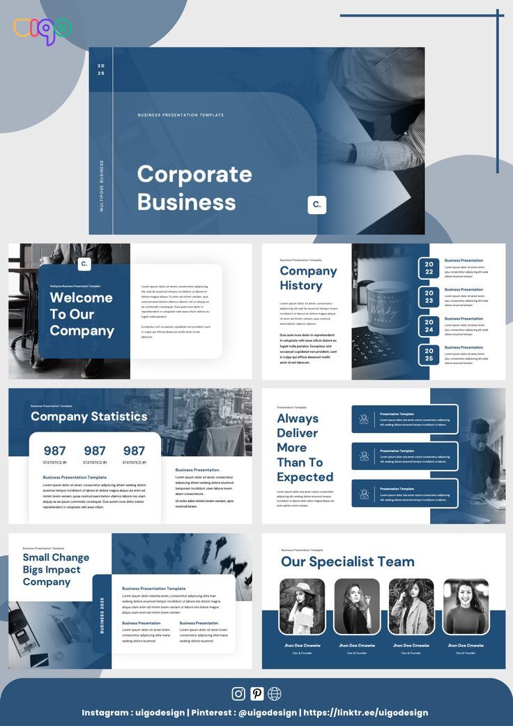 a blue and white presentation slider with the words corporate business on it