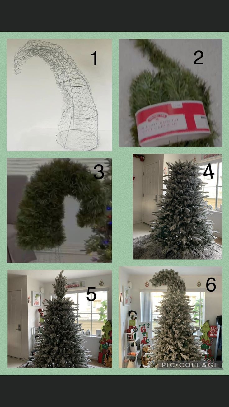 the steps to make a christmas tree out of tinsel and fake fir trees are shown