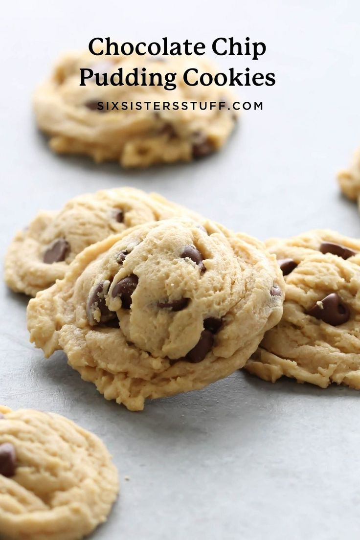 chocolate chip pudding cookies on a baking sheet with the words, chocolate chip pudding cookies