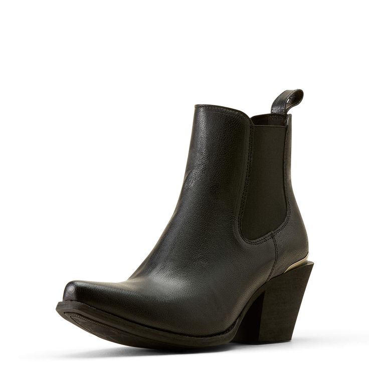 A fun, fashion-forward update to the iconic Chelsea boot. This pull-on pair has a pointed Western toe, danceable heel, and those stretchy side panels that make the original design such a hit. Neutral to bold, there's a style for everyone. Bradley Western Boot | Product Features : 0 : ATS® technology provides ergonomic support on uneven terrain, 1 : Duratread™ sole provides maximum wear resistance, 2 : Elastic twin gore, 3 : Ariat is including you in its dedication to environmental stewardship. B Spring Stacked Heel Snip Toe Boots, Western Boots With Sculpted Heel For Fall, Stacked Heel Snip Toe Boots For Spring, Western Leather Chelsea Boots For Spring, Spring Boots With Stacked Heel And Snip Toe, Western Style Chelsea Ankle Boots For Spring, Trendy Leather Heeled Boots With Snip Toe, Trendy Chelsea Boots With Pointed Toe And Reinforced Heel, Edgy Leather Chelsea Boots With Pointed Toe