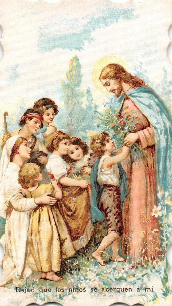 an image of the virgin mary and her children with flowers in their hands, surrounded by angels