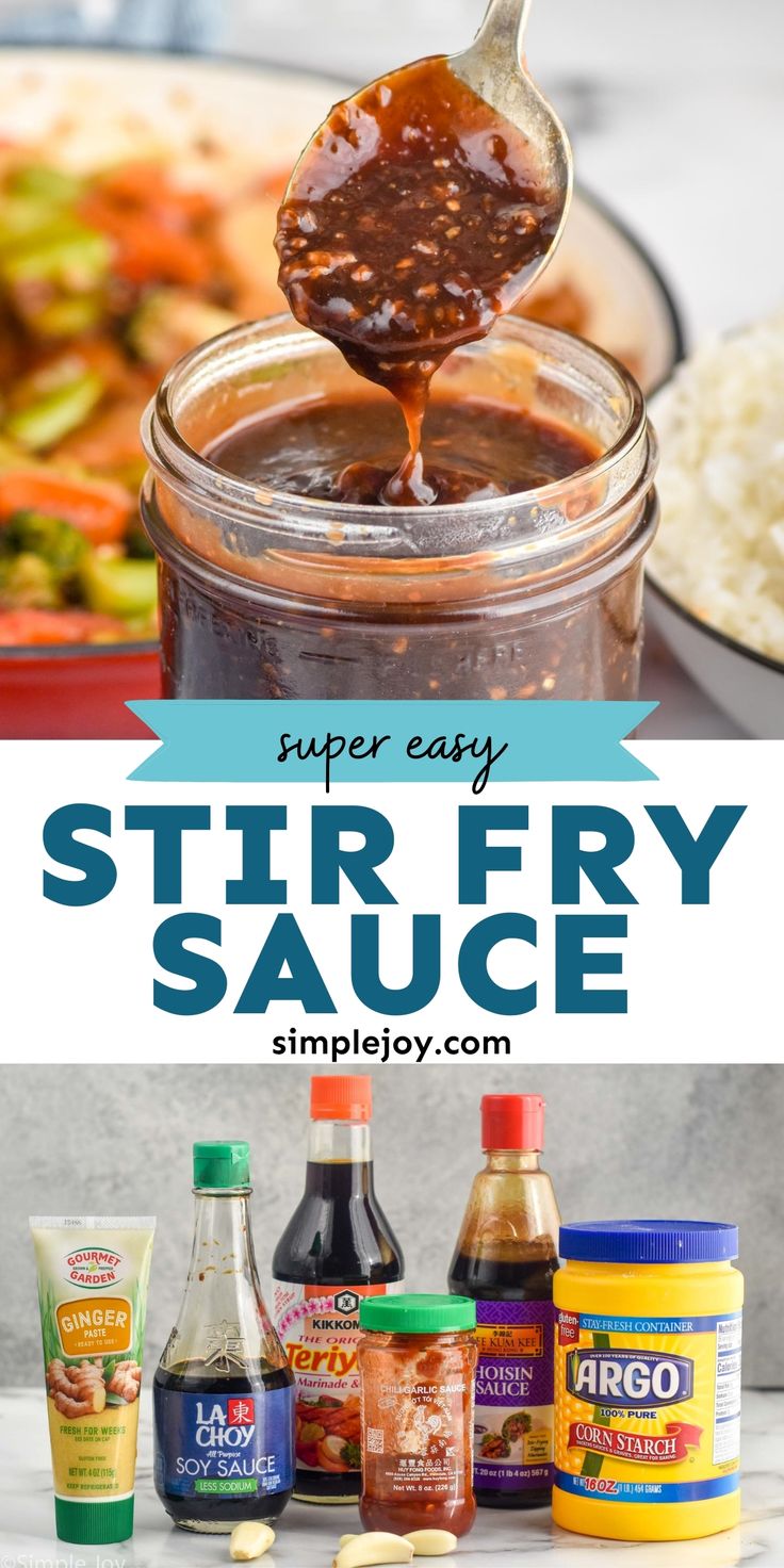 a spoon full of stir fry sauce next to other foods and condiments on a table