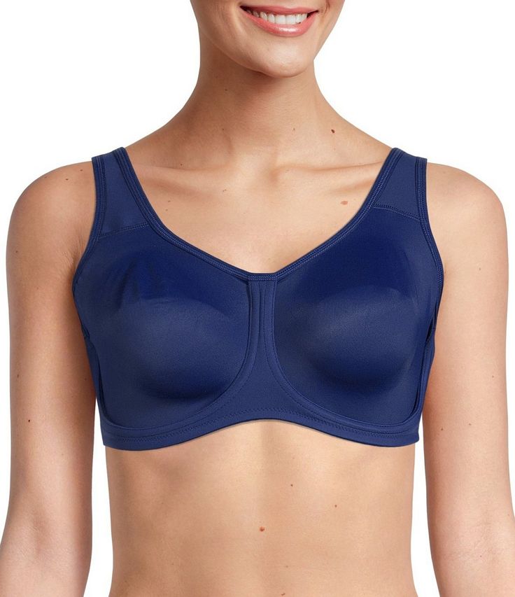 From Wacoal, the Underwire Sports Bra features:Naturexx®, an advanced moisture management fabric, wicks away moisture & keeps your body cool & dryAdjustable, close-set strapsThe style keeps motion to a minimum while maintaining great lift, comfort & shapeSeamless, unlined molded cups that provide maximum support, stability, & containmentThe outside floating underwire gives freedom of mov Blue Sporty Sports Bra With Removable Pads, Contoured Seamless Sports Bra For Sports, Supportive Padded Nylon Sports Bra, Sporty Padded Workout Bra, Underwire Padded Sports Bra For Workout, Nylon Bra With Light Support, Functional Nylon Bra With Light Support, Sports Bra With Padded Cups And Stretch, Sports Bra With Full Coverage And Medium Bust Support