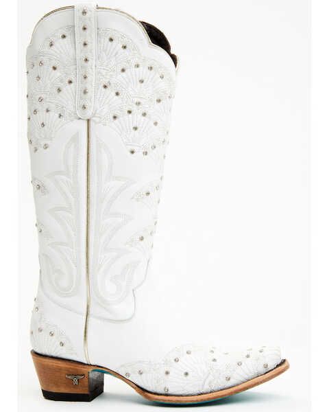 White Heeled Boots With Wide Calf And Snip Toe, White Wide Calf Heeled Boots With Snip Toe, White Wide Calf Snip Toe Heeled Boots, Western White Snip Toe Knee-high Boots, White Leather Knee-high Boots With Snip Toe, White Wide Calf Snip Toe Knee-high Boots, White Wide Calf Boots With Snip Toe, White Wide Calf Snip Toe Boots, Fitted White Snip Toe Boots