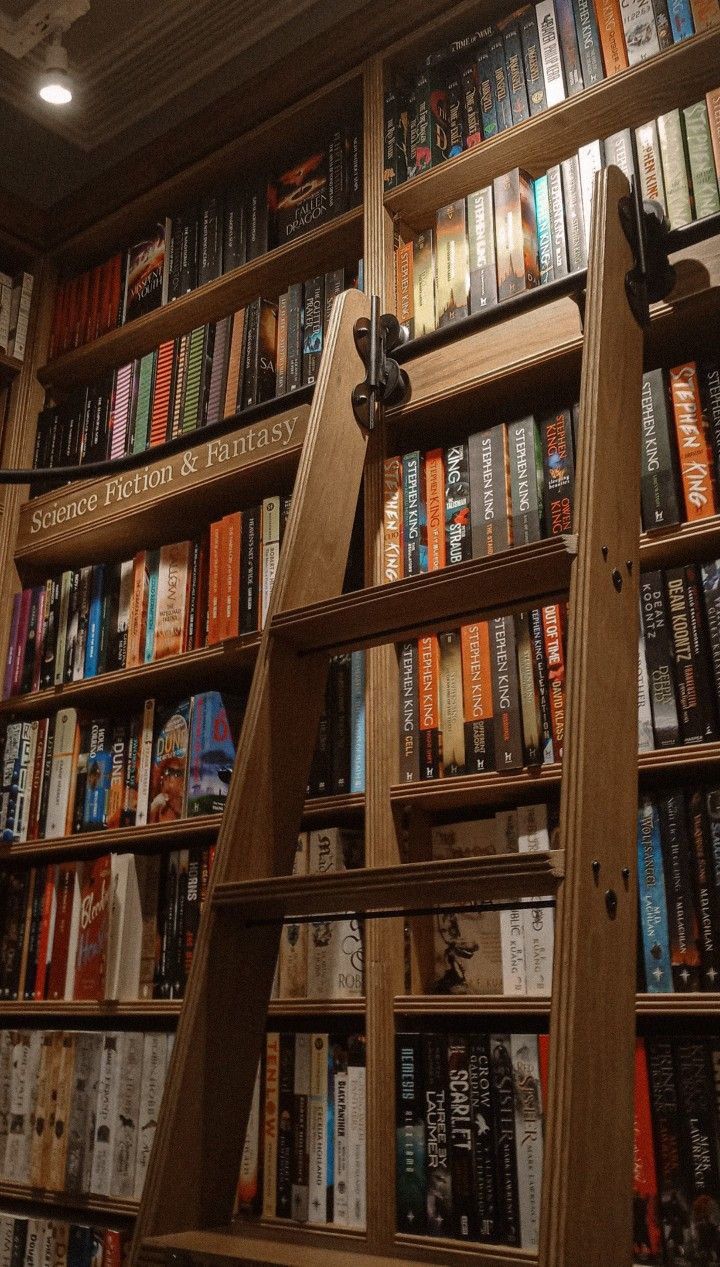 a ladder made out of books stands in front of a book case filled with books