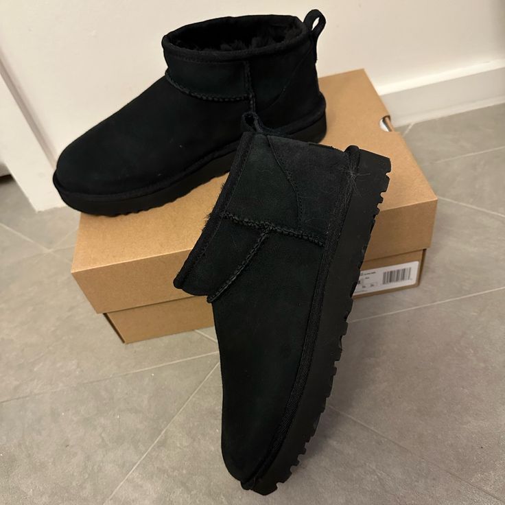 Ugg Ultra Mini Boots In Black Size 8 100% Authentic, Personally Ordered From The Official Website Brand New In Box And Sold Out! Casual Black Boots With Suede Lining, Mini Uggs Black, Black Ultra Mini Uggs, Ugg Ultra Mini Black, Ugg Mini Black, Black Mini Uggs, Black Uggs Boots, Ugg Ultra Mini Boots, Ugg Boots Black