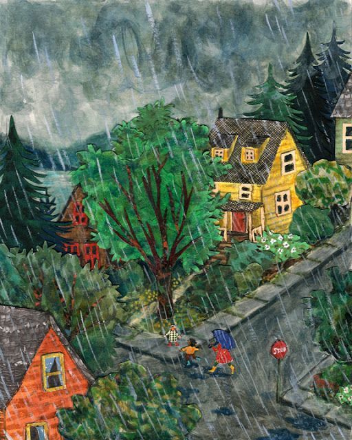 a painting of houses and trees in the rain