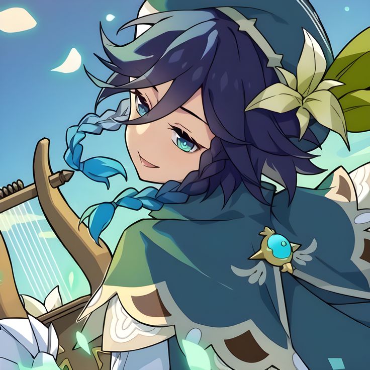 an anime character with blue hair holding a bow and arrow