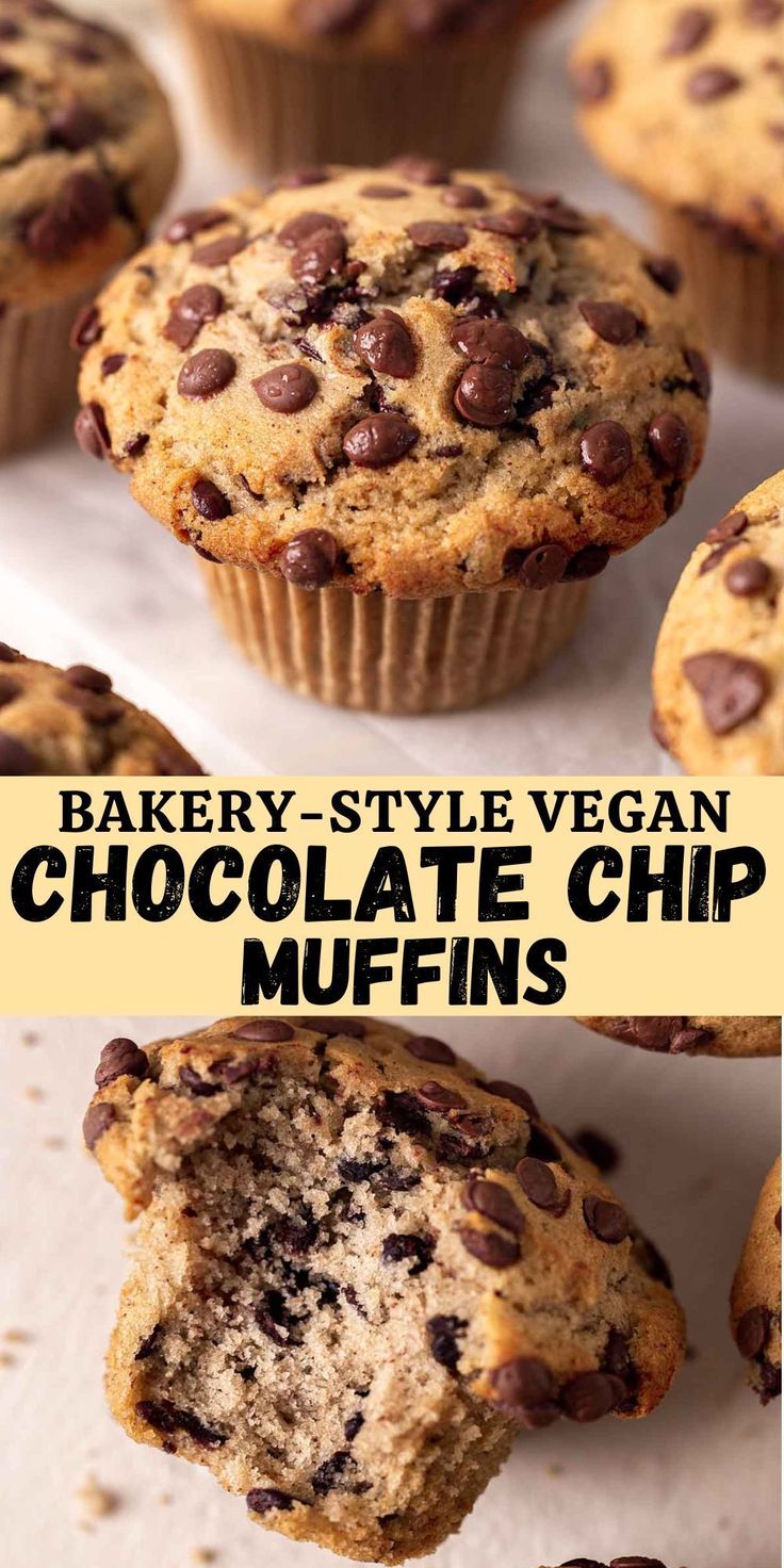 chocolate chip muffins with text overlay that reads bakery - style vegan chocolate chip muffins